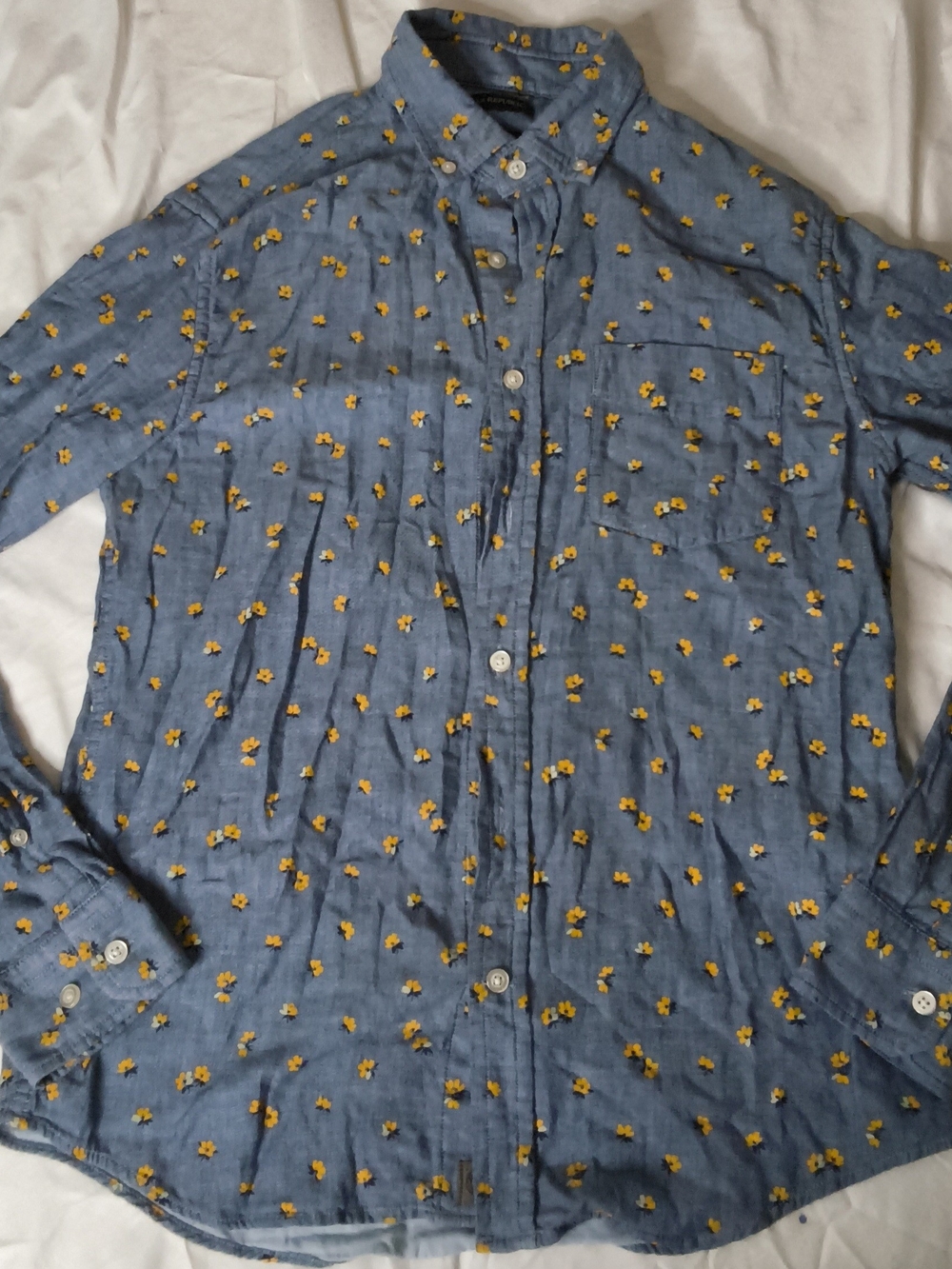 Banana Republic Blue Button-Down Shirt with Yellow Floral Print